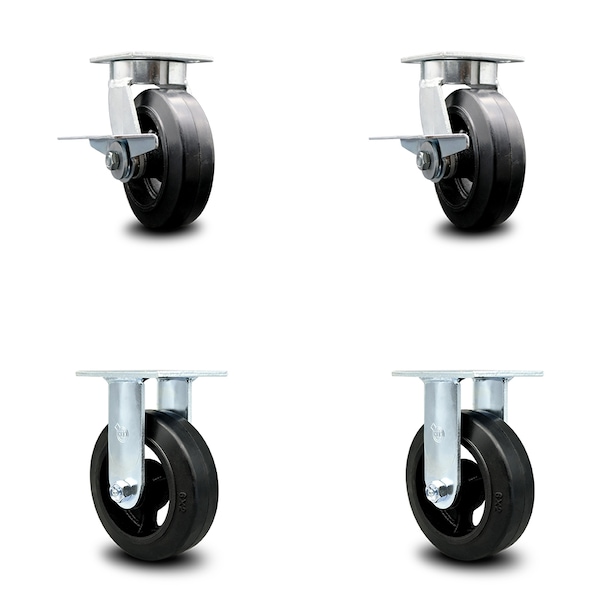 6 Inch Kingpinless Rubber on Steel Wheel Caster Brakes 2 Rigid SCC, 2PK